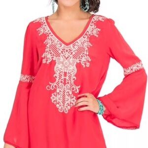 Flying Tomato Embroidered Peasant Mini Dress w Long Bell Sleeves